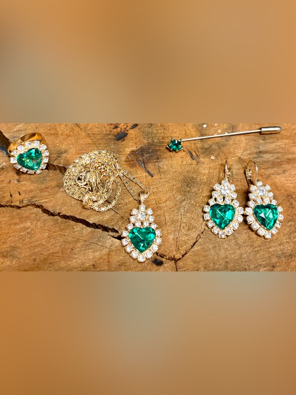 Gold-Tone Set with Emerald Green Heart Pendant and Crystal Halo